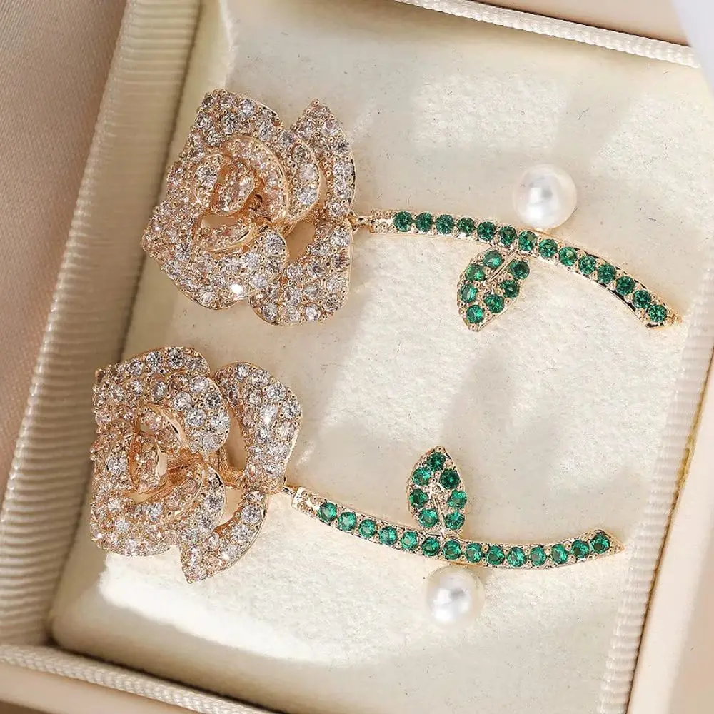 

Missvikki Sweet Romantic Rose Flower Earrings Full Micro Elegant Shiny Cubic Zirconia for Women Bridal Wedding Party Jewelry