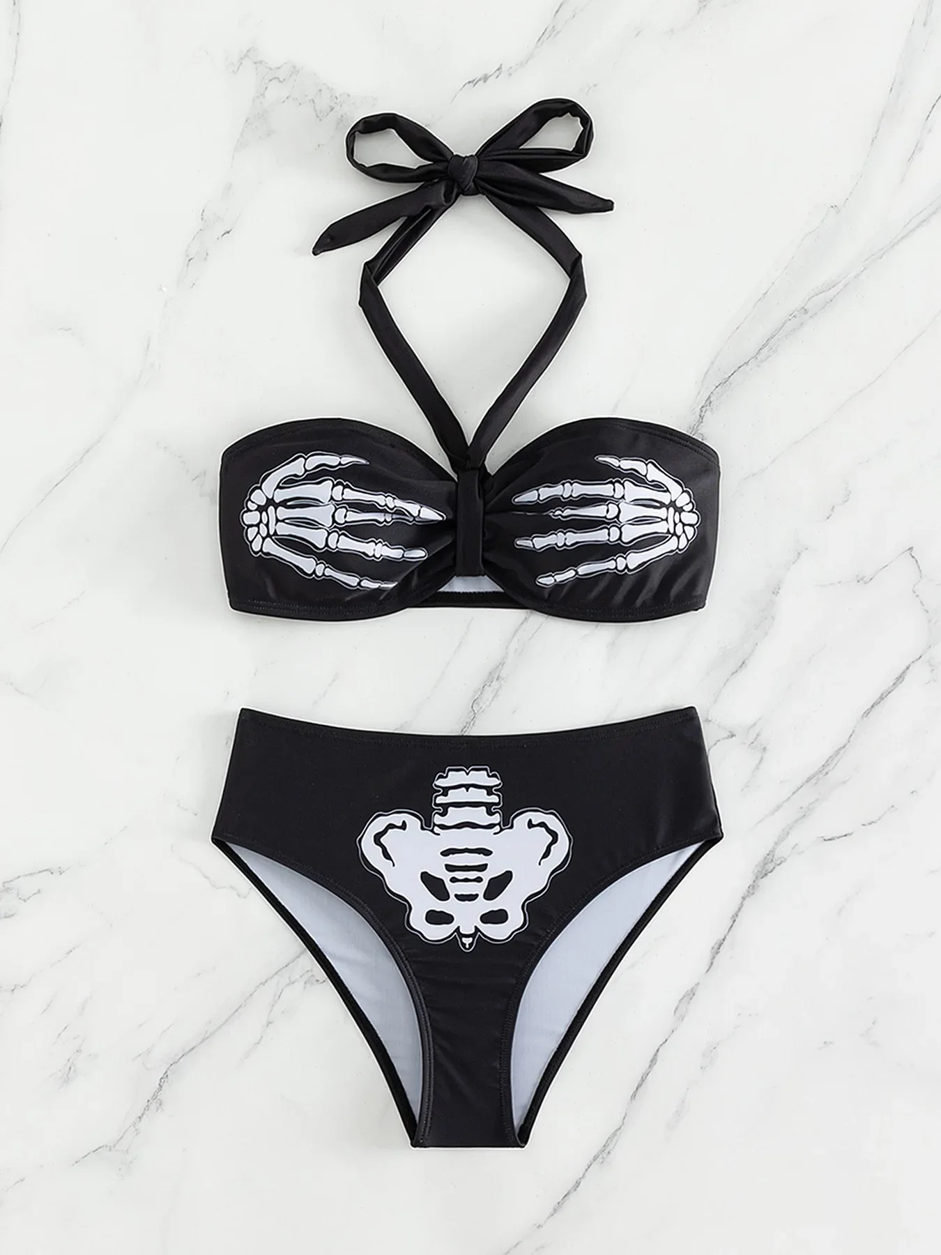 المرأة مثير الأسود الهيكل العظمي مجموعة البكيني العصابة لباس سباحة عالية الخصر ملابس السباحة قطعتين ملابس السباحة بحر البرازيلي Biquini