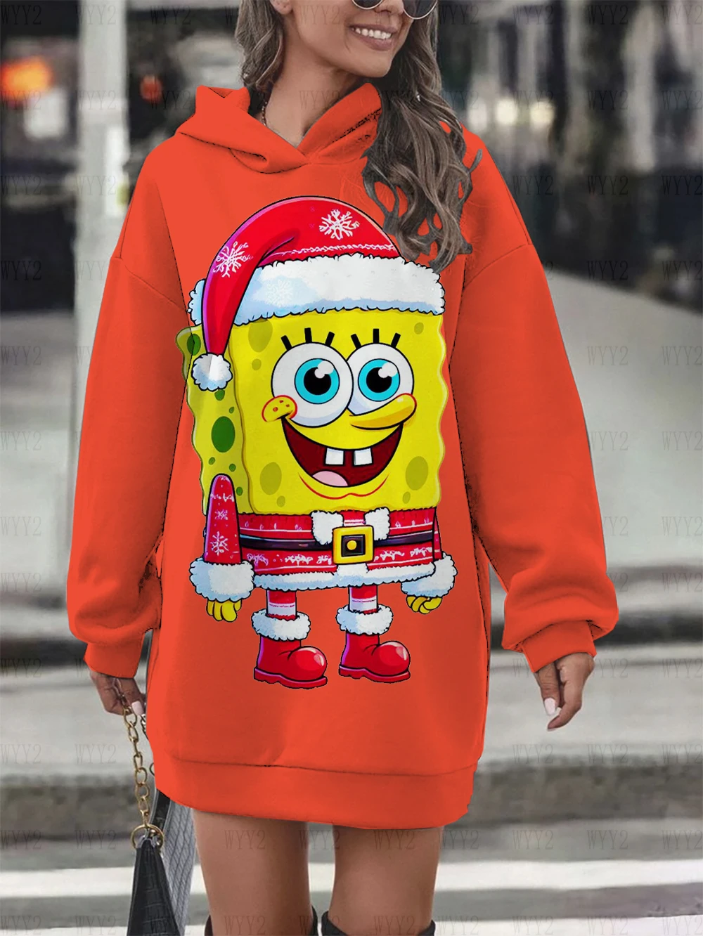 Christmas New Year Gift New Women Hoodies Dress Printed SpongeBob Cartoon Cute Women Fashion Trend Street Sweatshirt Sweater