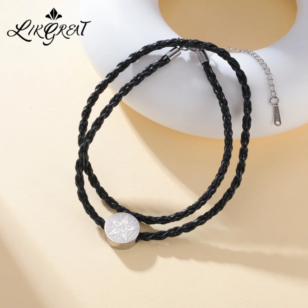 Seal of Solomon Pentagram Stainless Steel Pendant Necklace Unisex Vintage Black Braided Leather Cord Talisman Jewelry Gift