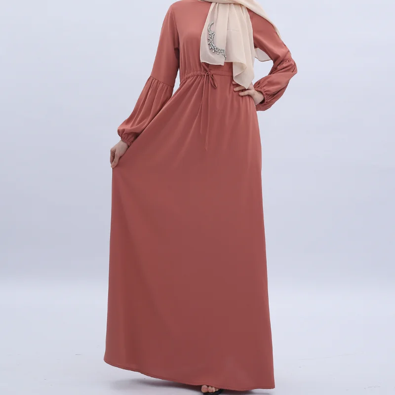 Muslim Abayat Dress for Women, Monochromatic, Lantern Sleeves, Elastic Cuff, Elegant Robe, Slim and Elegant, Europe and America