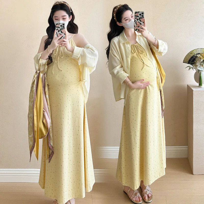 Maternity Dress Summer 2026 Minimalist Casual Yellow Polka Dot Spaghetti Strap Maxi Dress And Thin Shirt For Pregnant Women