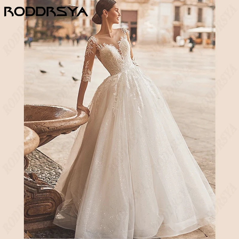 RODDRAYA Scoop-Neck Wedding Dress Illusion Back Bridal Gown A-line Tulle Bride Party 3/4 Sleeve Lace Applique Vestido De Noiva