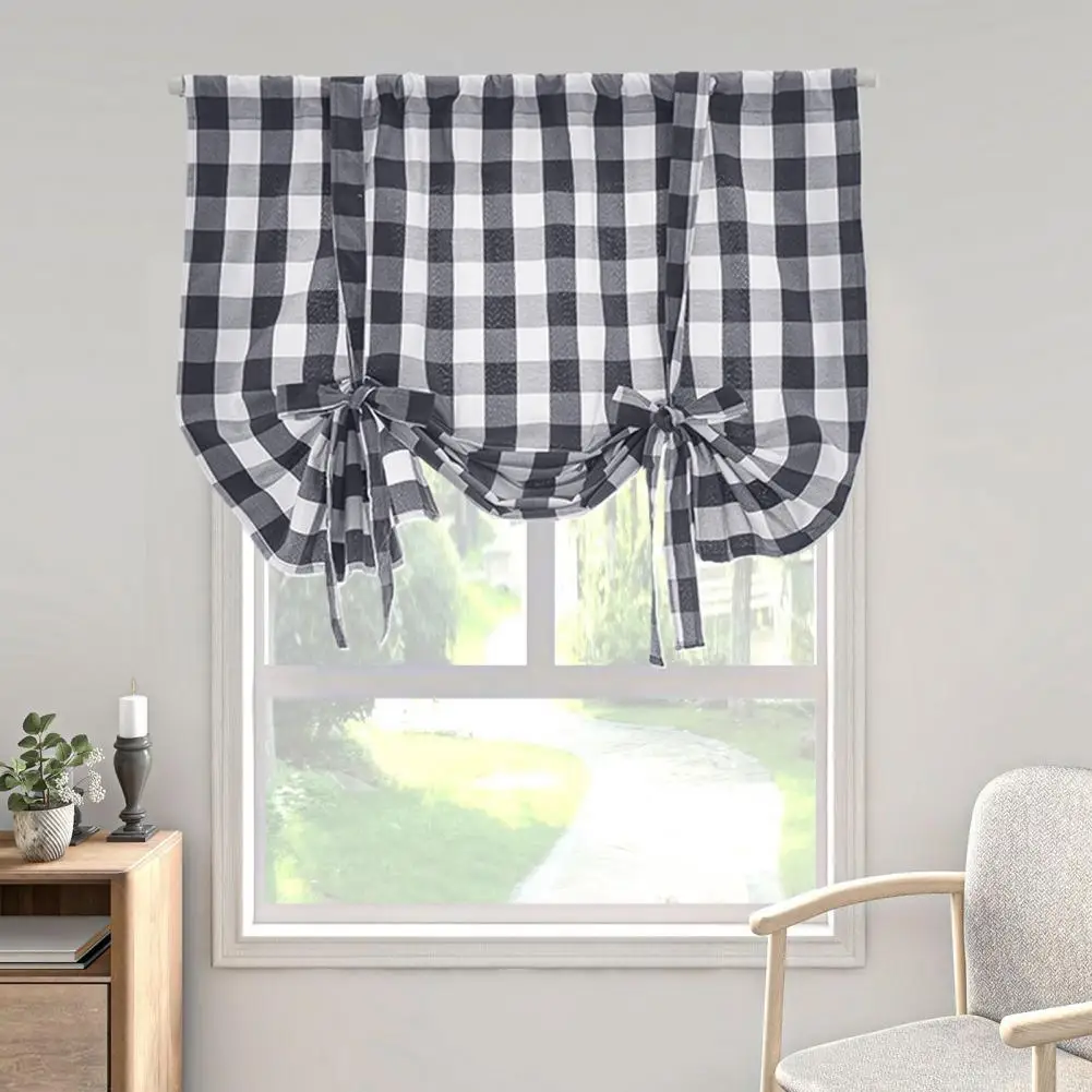 Bedroom Curtain Plaid Print Style Valance Curtain for Kitchen Bathroom Decor Sunshade Rod Type Window Treatment with Bow Detail