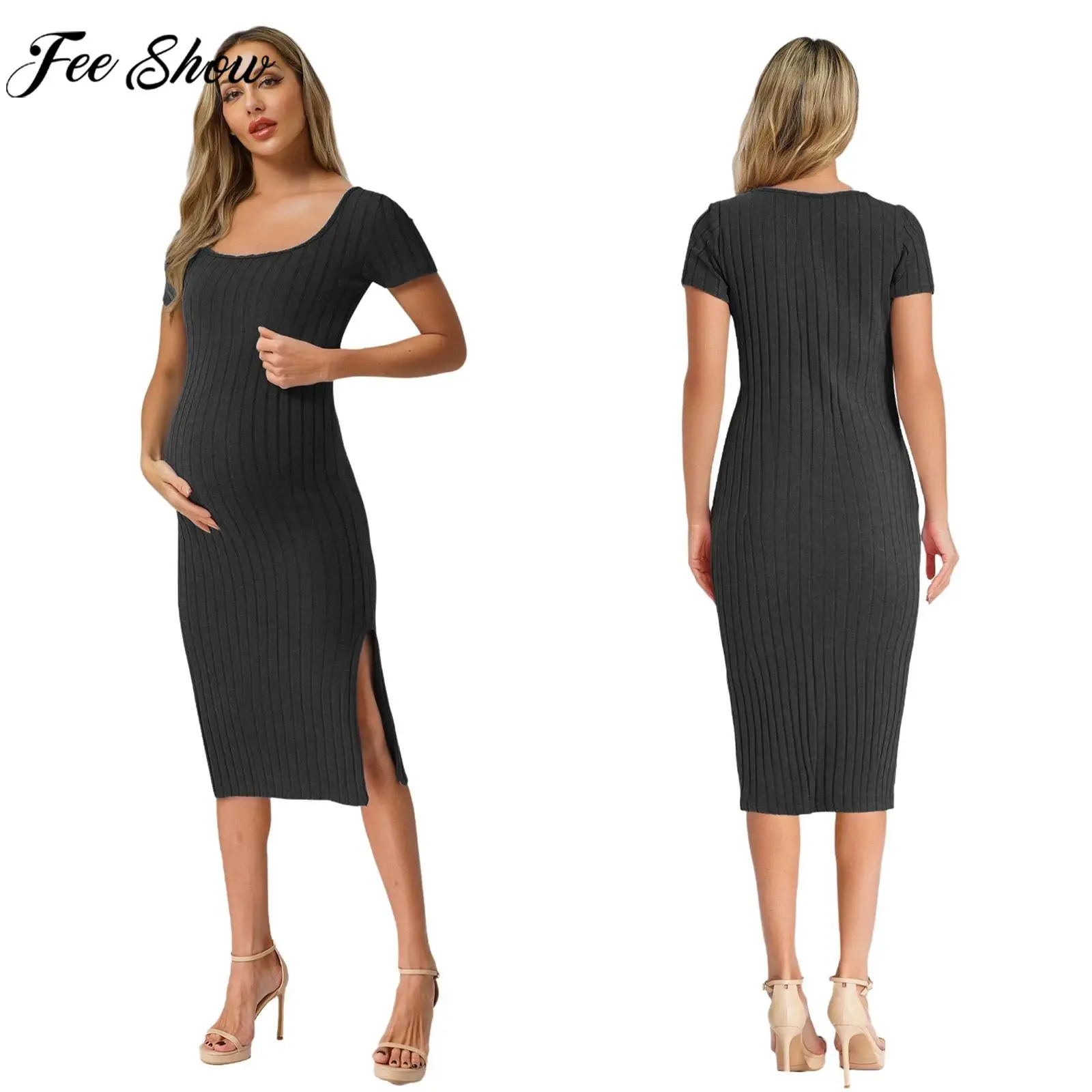 

Pregnant Woman Short Sleeve Knitted Dress Summer Casual Solid Color Square Collar Split Bodycon Dresses Daily Party Costume