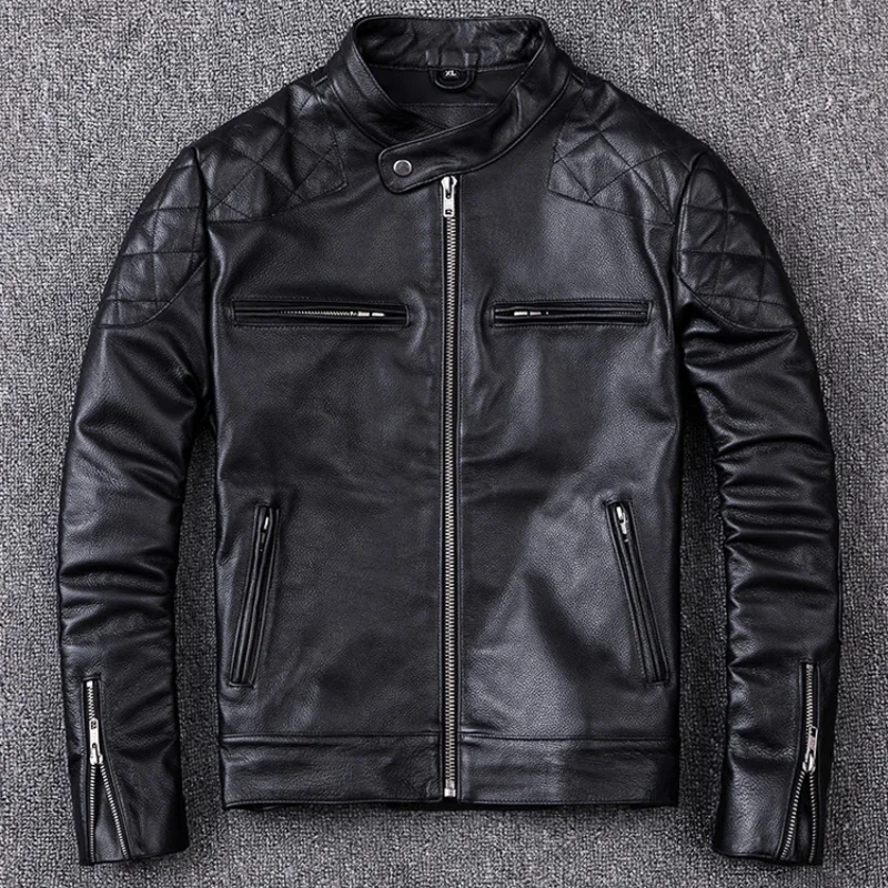 Spring and Autumn Natural Cowhide Leather Jacket Men Motorcycle Jackets Biker Clothing Man Slim Real Coat