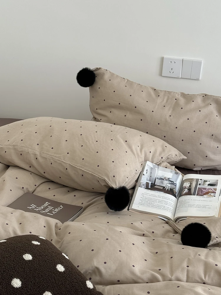 YAKEHOME Vintage Coffee Dot Cloudy Double Layer Cotton Quilt Cover Four Piece Set Bed Sheet Cover Pure Cotton Bedding Set