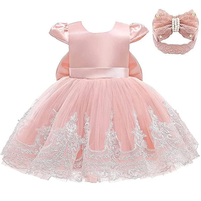 3M-24M Summer Toddler Baby Girls Dress Prom Bridesmaid Wedding Puffy Dress Formal Infant Gowns Embroidered Lace Dress+Headwear