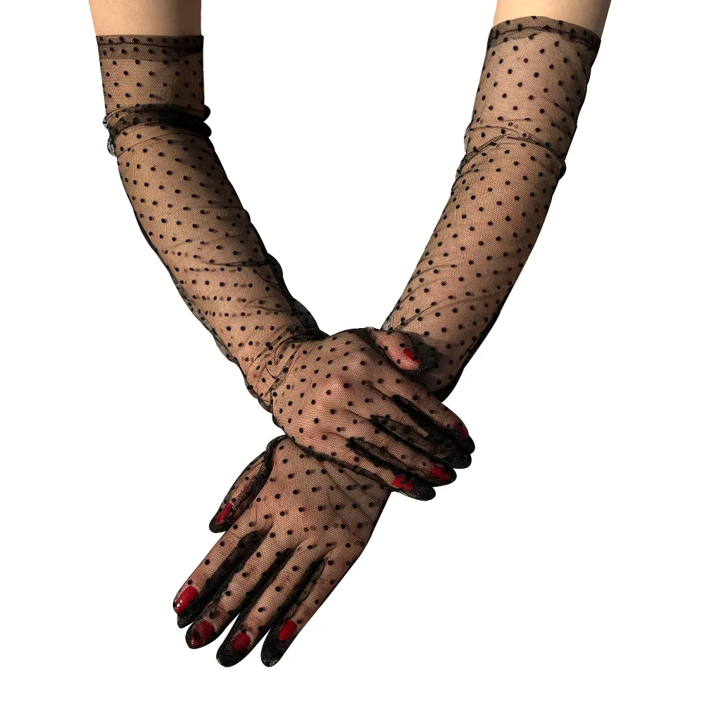 Women Sexy Black White Dot Lace Long Tulle Gloves Bride Wedding Elegant Retro Fashion Transparent Full Finger Thin Mesh Gloves