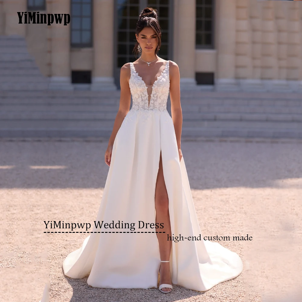 Satin Wedding Dress V-Neck Sleeveless Side Split Beaded Luxury Bride Gown For Bridal Vintage Backless Sweep Train Customized