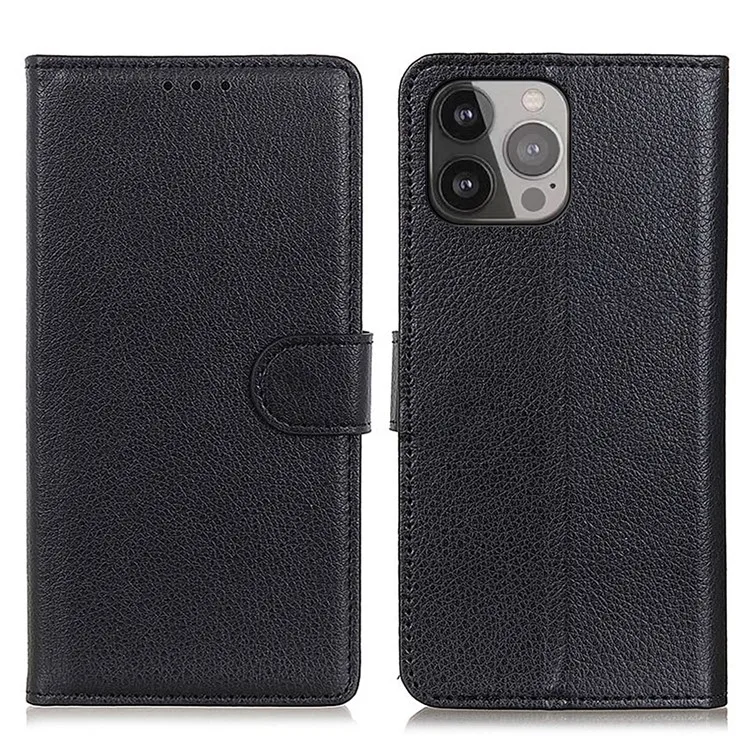 

For iPhone 13 Pro Max 6.7 inch Phone Wallet Case Litchi Texture Leather Drop-proof Phone Protector with Stand - Black