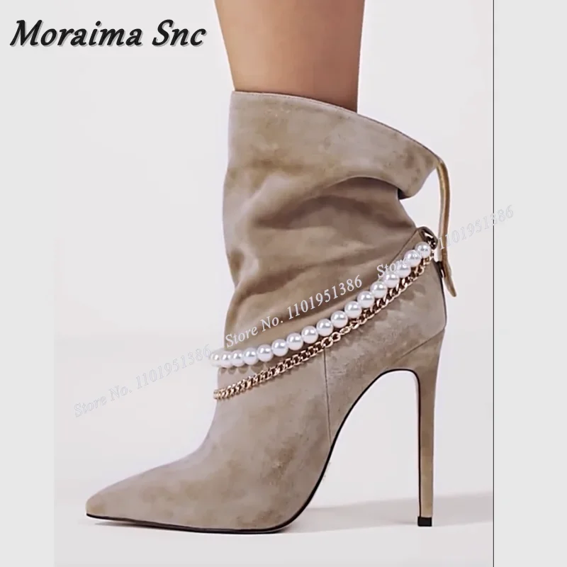 Moraima Snc Slip on Stivaletti con decorazioni di perle Khaki Decorazione a catena Scarpe a punta pieghettate per donna Tacchi alti Zapatillas Mujer