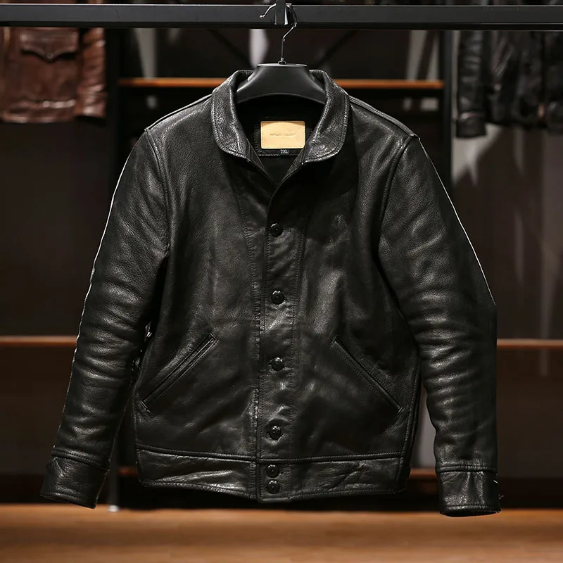 Vintage Chic Leisure Lapel Black Brown Add Fat And Plus Size Natural Goat Skin Coat Men's Genuine Leather Jackets