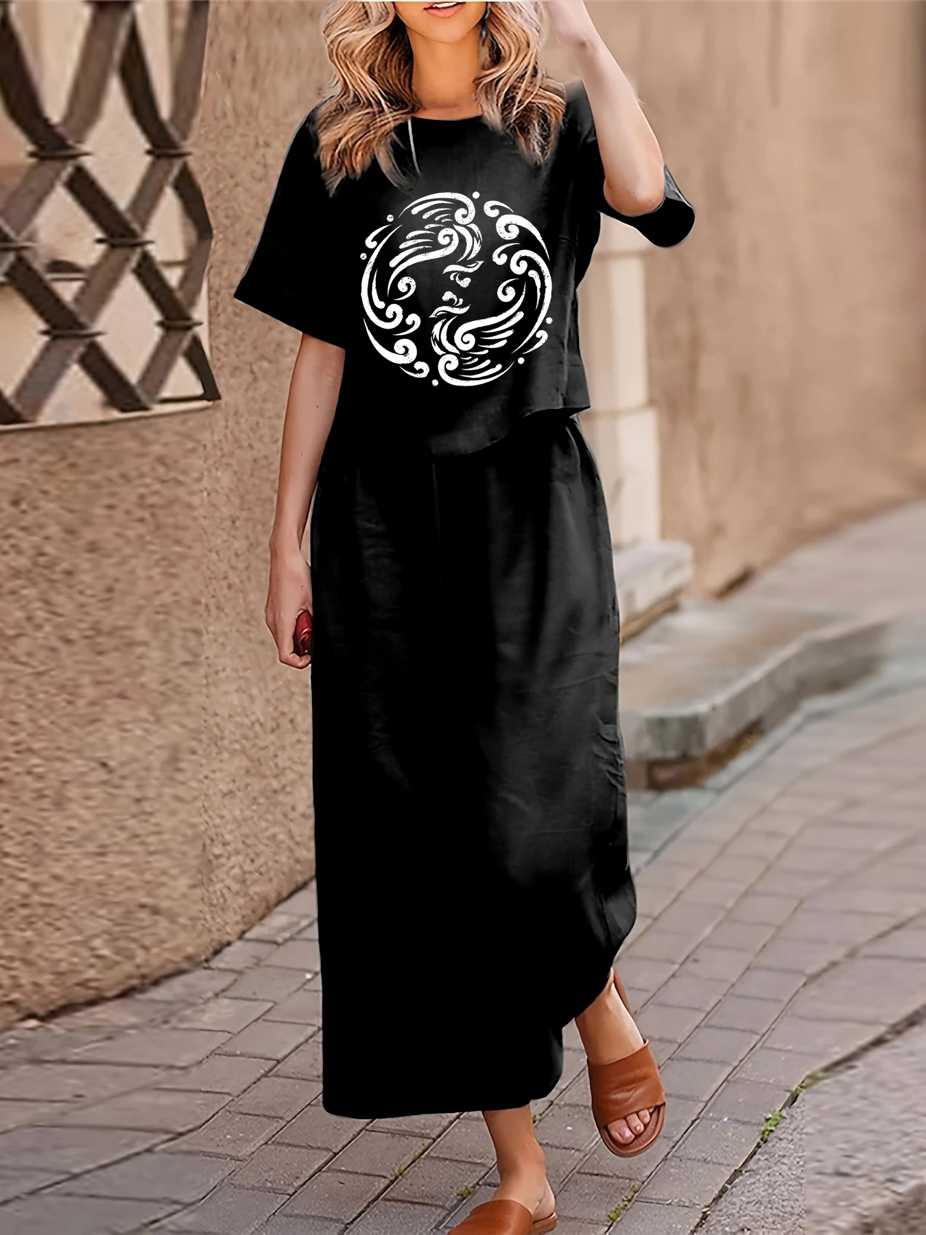 플러스 사이즈 여성 캐주얼 투피스 세트 수트 프린트 반팔 티셔츠 바지 투피스 세트 루즈 크루넥