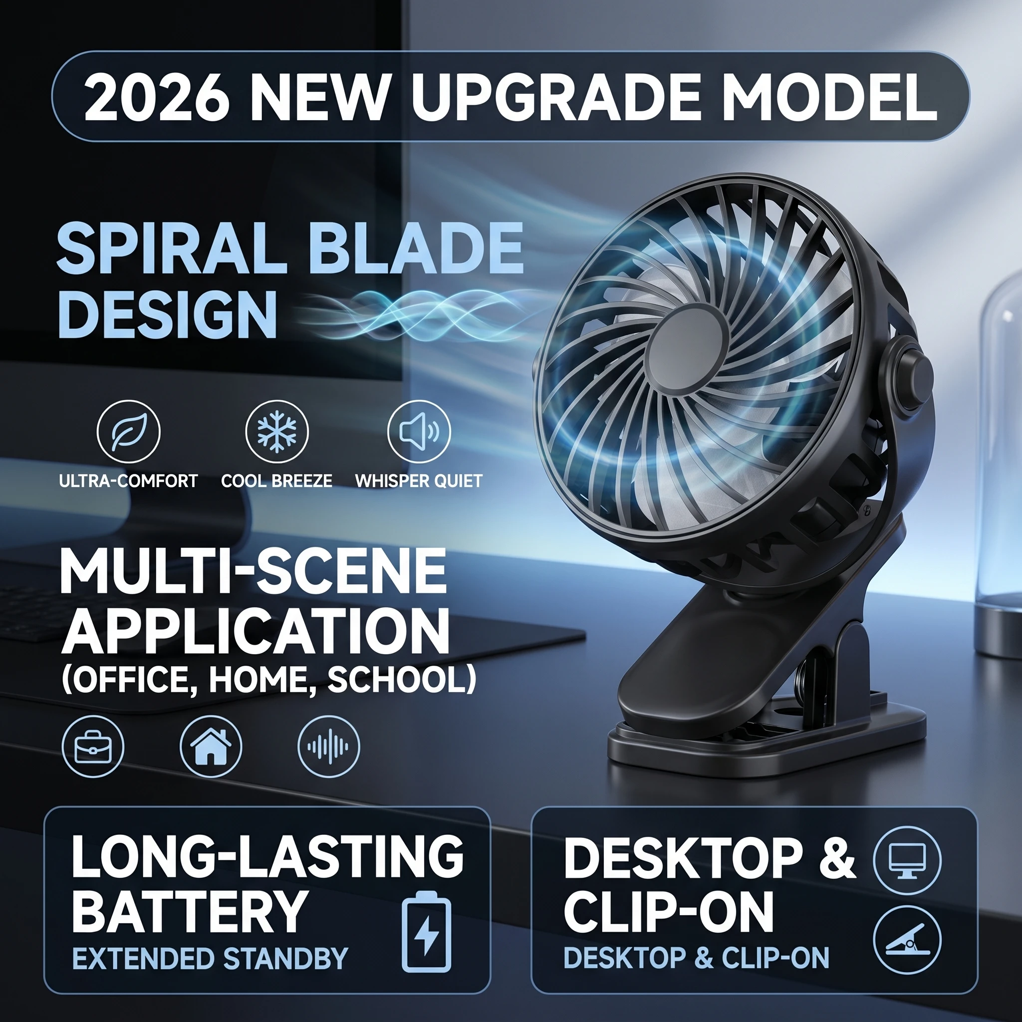 2026 New Upgrade Portable Electric Fan For Desk 720° Rotating USB Clip Fan With 3 Speeds Perfect For Students & Office Workers