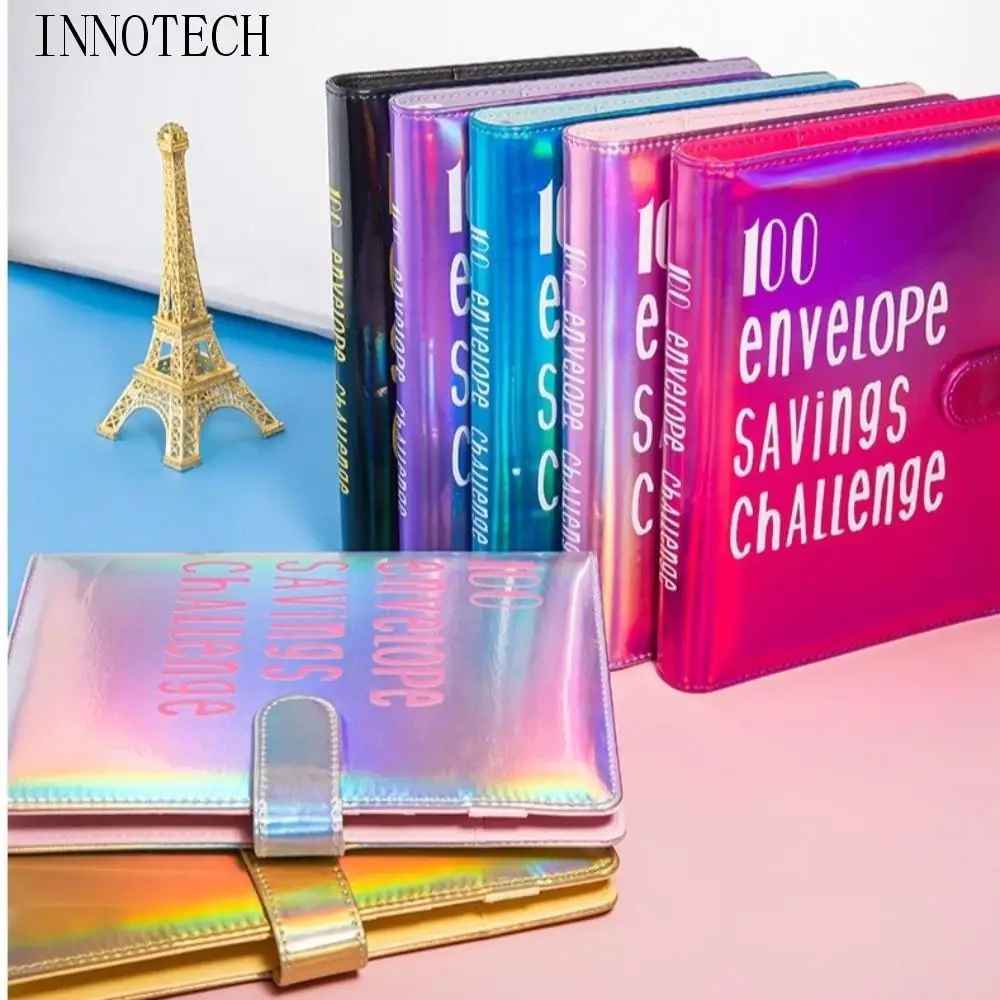 Raccoglitore per risparmiare denaro in pelle PU Raccoglitore a fogli mobili durevole 100 buste Quaderno per sfide Organizzatore di denaro Colori abbaglianti