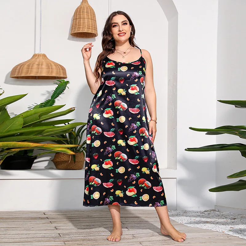 

Terrace large size dress simulation silk nightdress loungewear suspender skirt fashion simple temperament elegant vacation style