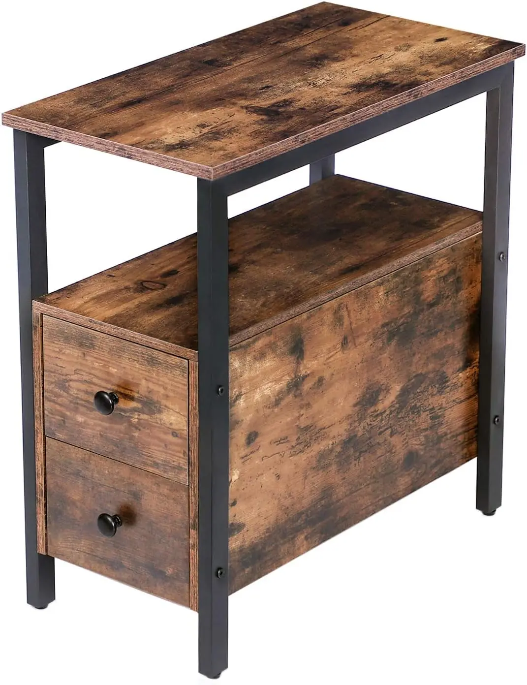 

Narrow End Table with Drawer and Shelf, Wood Look Nightstand for Small Spaces, Rustic Brown Black