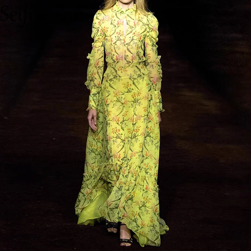 Seifrmann 女性エレガントな菌ロングドレススタンドカラー長袖ファッションプリントカジュアルホリデーボールガウンドレス