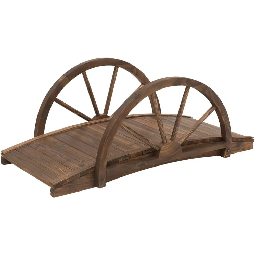 

3.3ft Arched Wooden Garden Bridge with Half-Wheel Style Railings for Garden and Backyard - Solid Fir Construction, Stained Finis