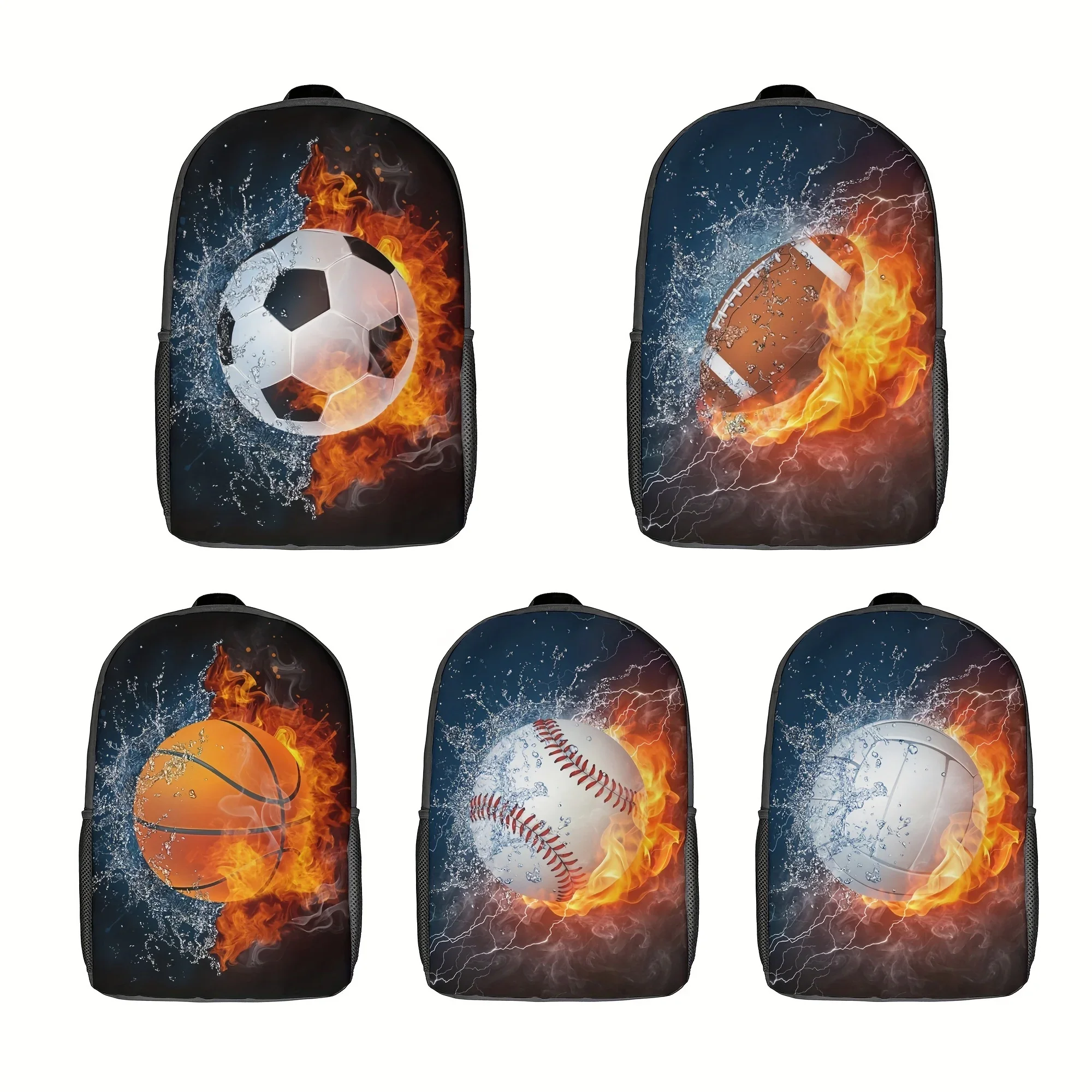 

Baseball Football Basketball Soccer Volleyball Book Bags Black Backpack For boy Kids Combustion Pattern Cool Design School Bags