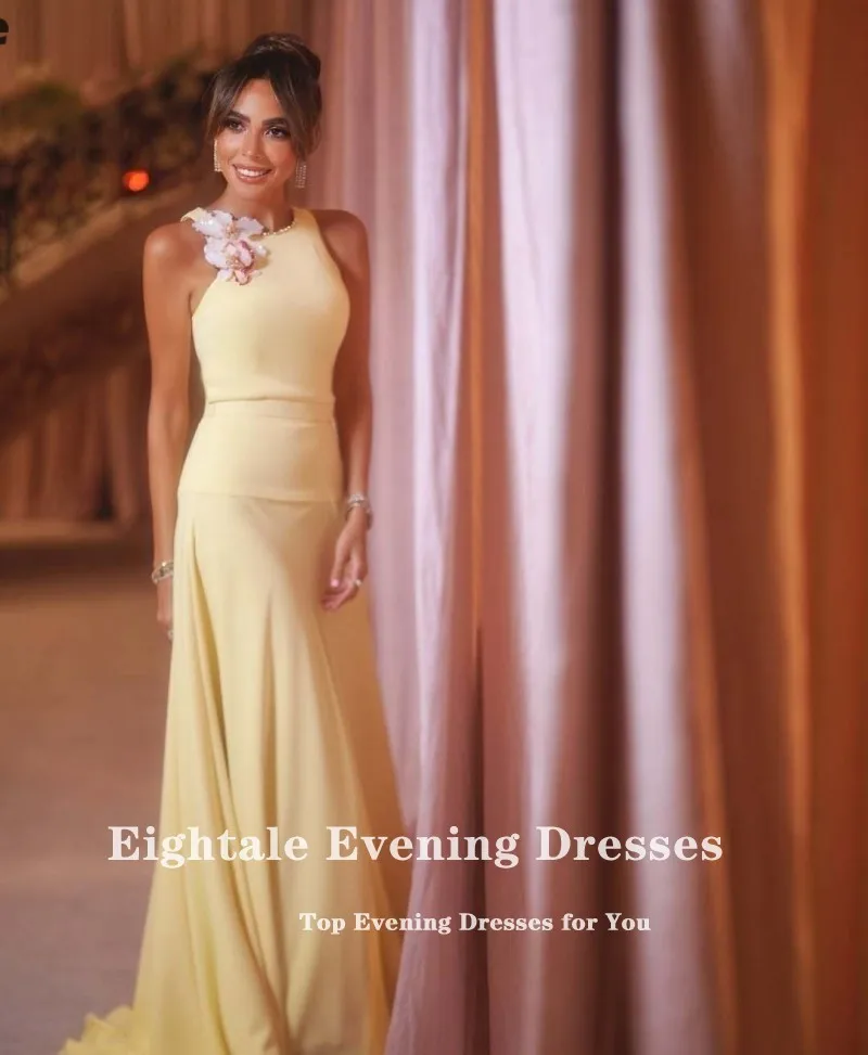 Eightale Arabic Evening Dress Customized O-Neck 3D Flowers Stretchy Satin Yellow Mermaid Prom Wedding Party Gowns image 5