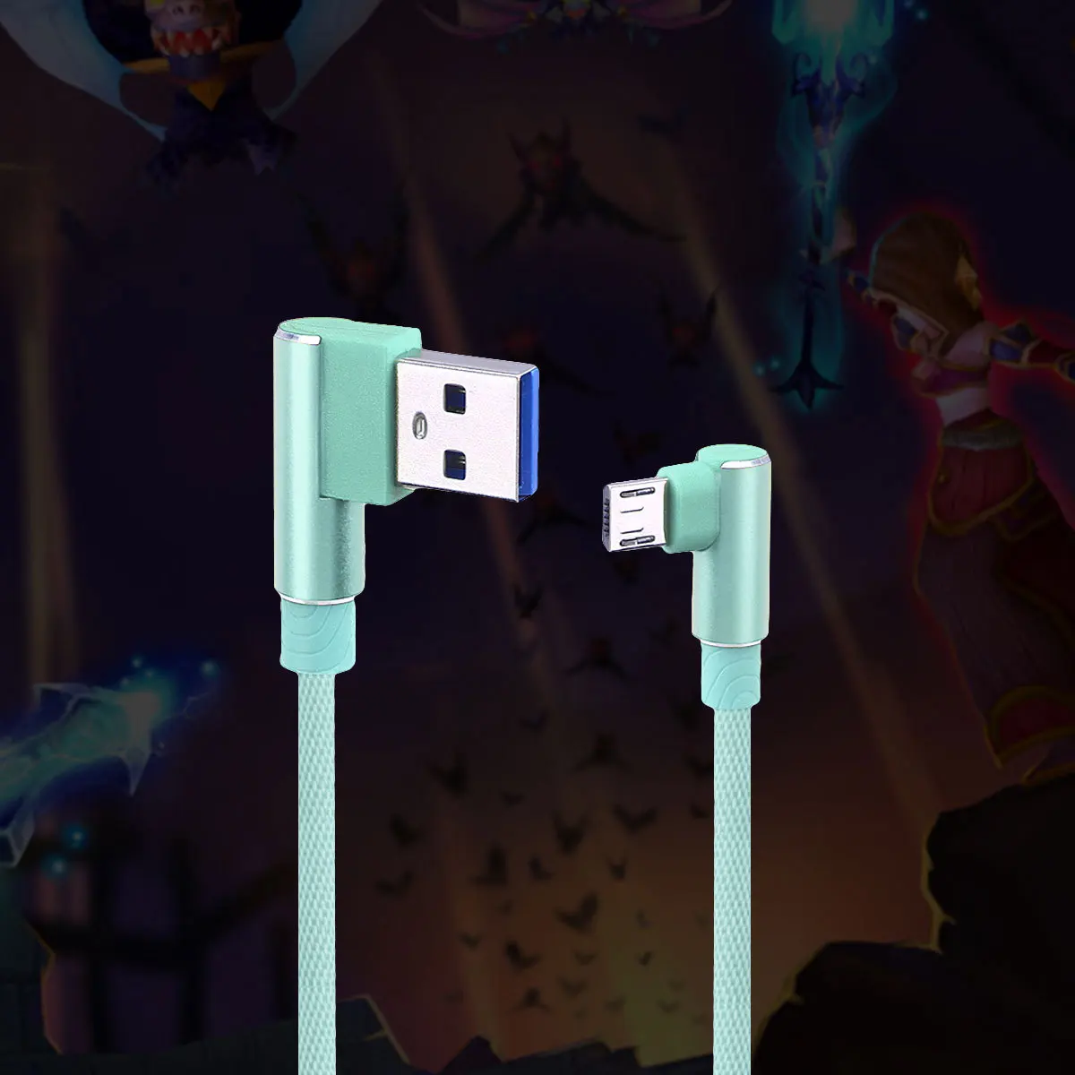 كابل شحن بيانات USB صغير مجدول بطول 1 متر، سلك زاوية قائمة، سلك نايلون عالي السرعة للمزامنة باللون الأخضر العالمي #4