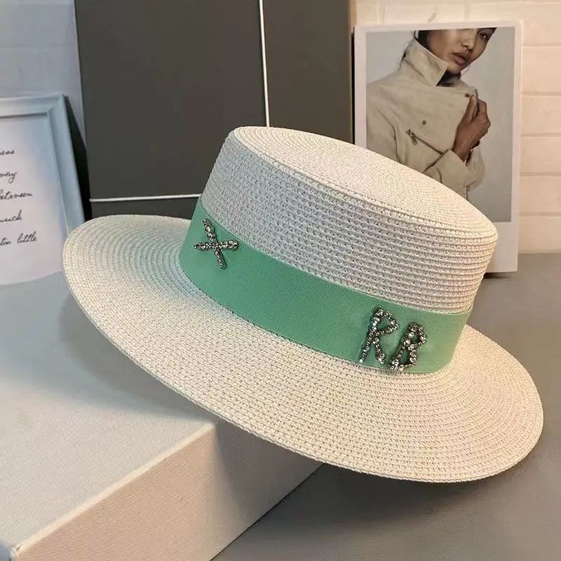 2022 Summer Women\'s Straw Hat French Flat Top Straw Hat Sense Accessories Bright Diamond RB Ladies Holiday Beach Holiday Sun Hat