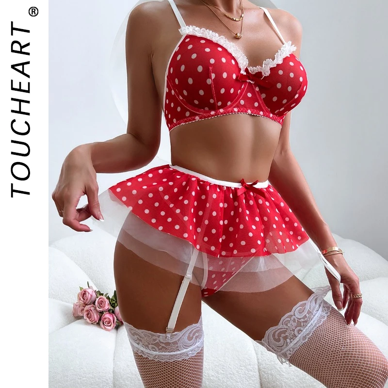 Toucheart Sexy Lingerie Suit for Women Polka Dot Contrast Color Mesh Cloth Cute Puff Mesh Skirt Hem Sexy Underwear 5 Pieces Set