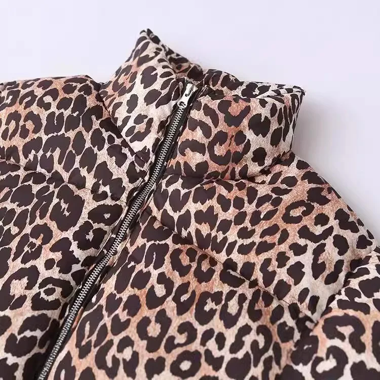 2024 Winter Ladies New Fashion Leopard Print Pattern Print Cotton-Padded Jacket Stand Collar Loose and Warm Cotton-Padded Jacket