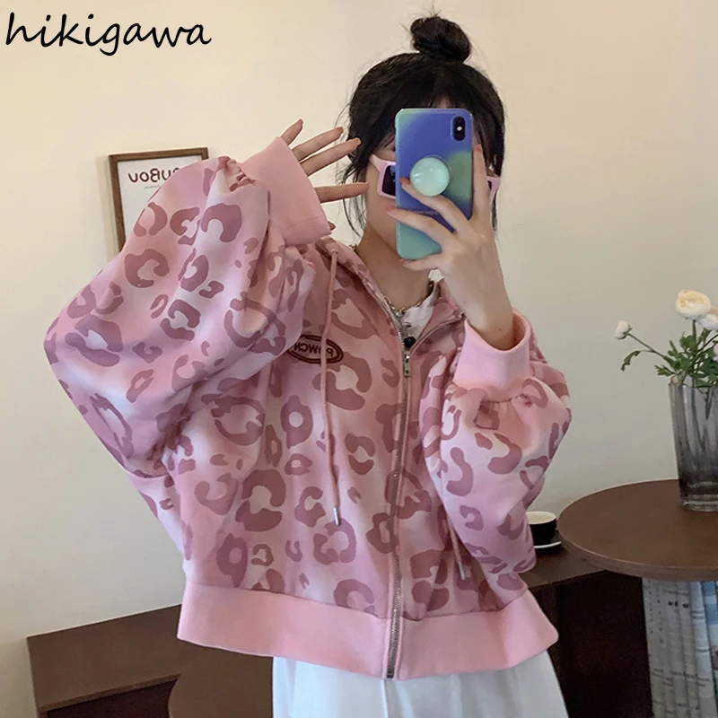 Hikigawa Sweet Pink Leopard Print Hoodies Women 2023 Ropa De Mujer Fashion Zip-up Coat Loose Casual Short Sweatshirts Tops Femme