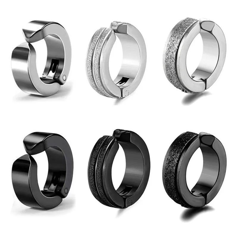 2pcs Non Piercing Frosted Scrub Ear Clip Stainless Steel Small Circle Hoop Earrings for Women Men Punk Piercing Jewelry
