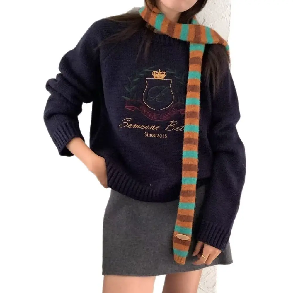 

Длинный женский шарф в стиле Харадзюку, черно-серый в полоску, вязаный из хлопка, декоративный, тонкий, теплый, для шеи, модный, уличный стиль