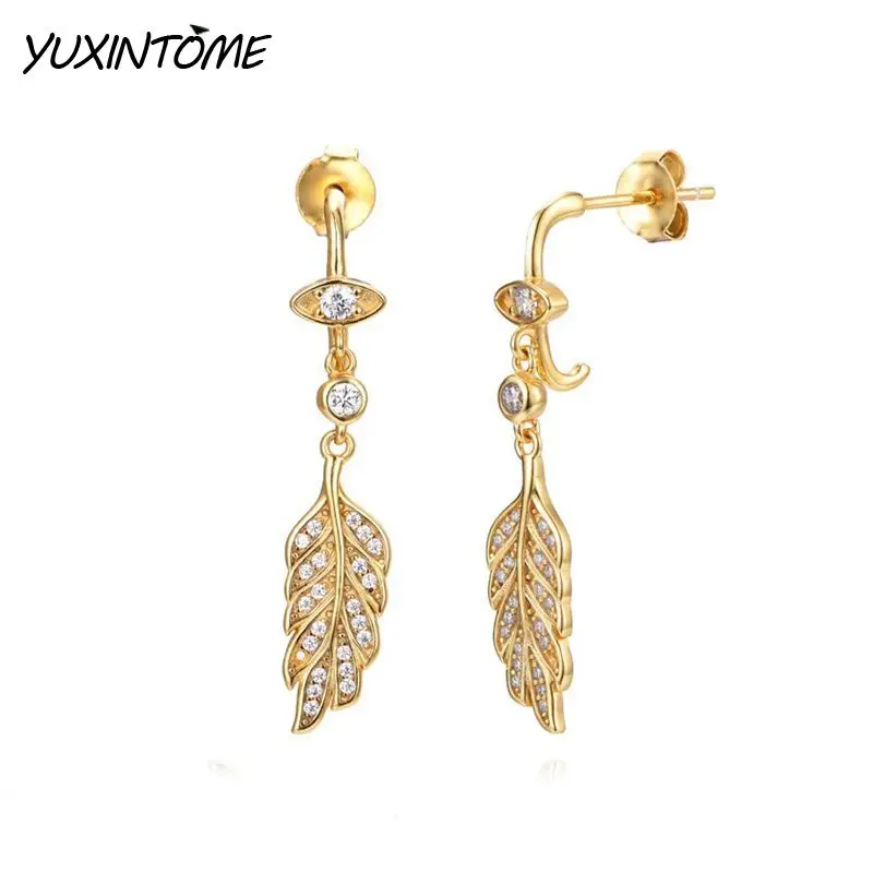 

925 Sterling Silver Ear Needle European American High-end Luxury Zircon Feather Pendant Earrings Women's Party Jewelry Gifts