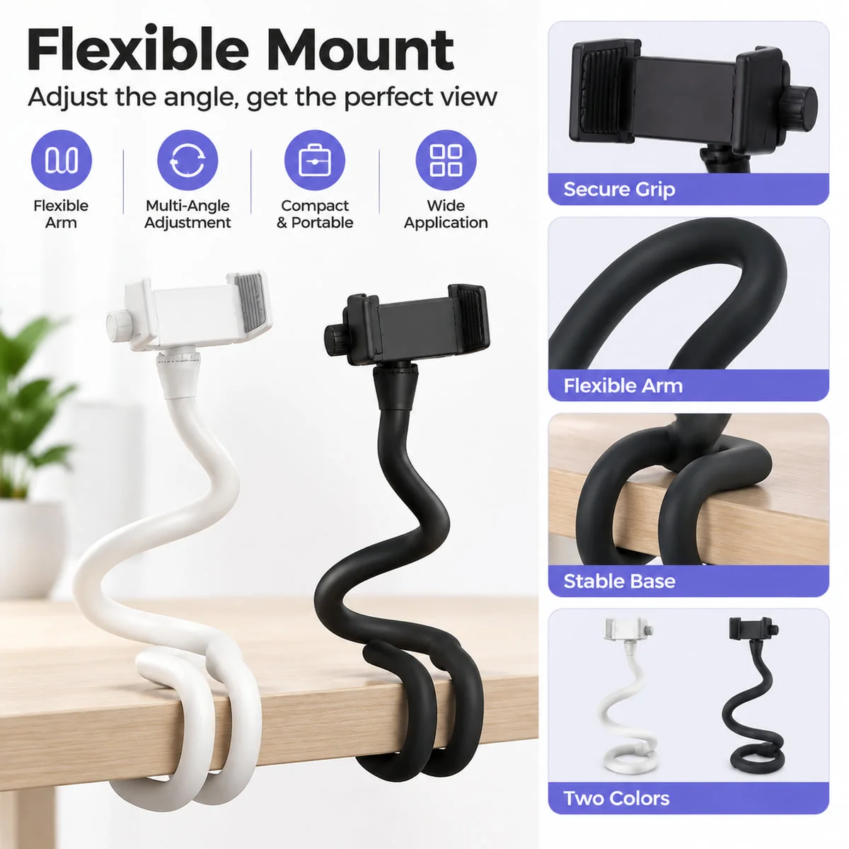 Flexible Rotating Baby Monitor Stand Phone Holder Camera Mount with Clamp Silicone Rod for Desk Bedside Office Home Black White