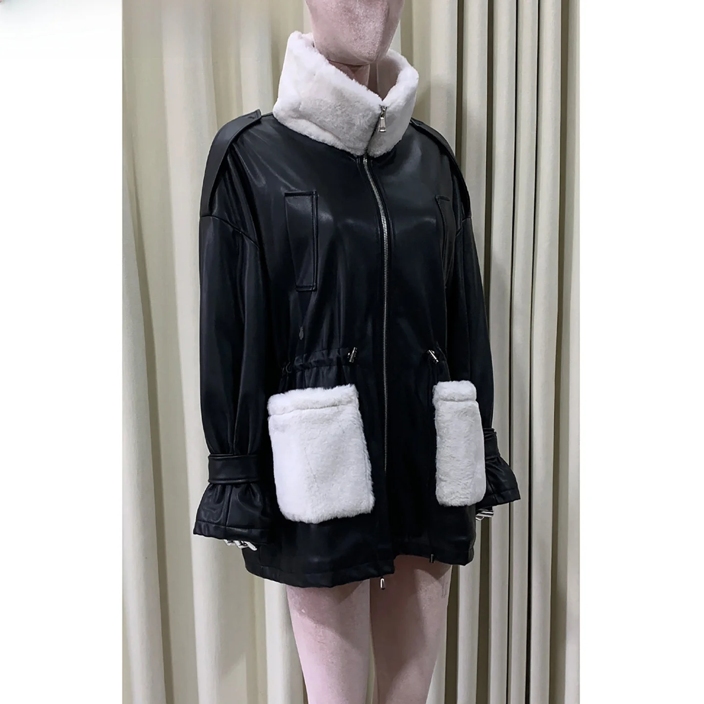 

Nerazzurri Casual Loose Thickened Fleece Lined PU Leather Jacket Women's Black Soft Leather Coat Zipper Stand Collar High End