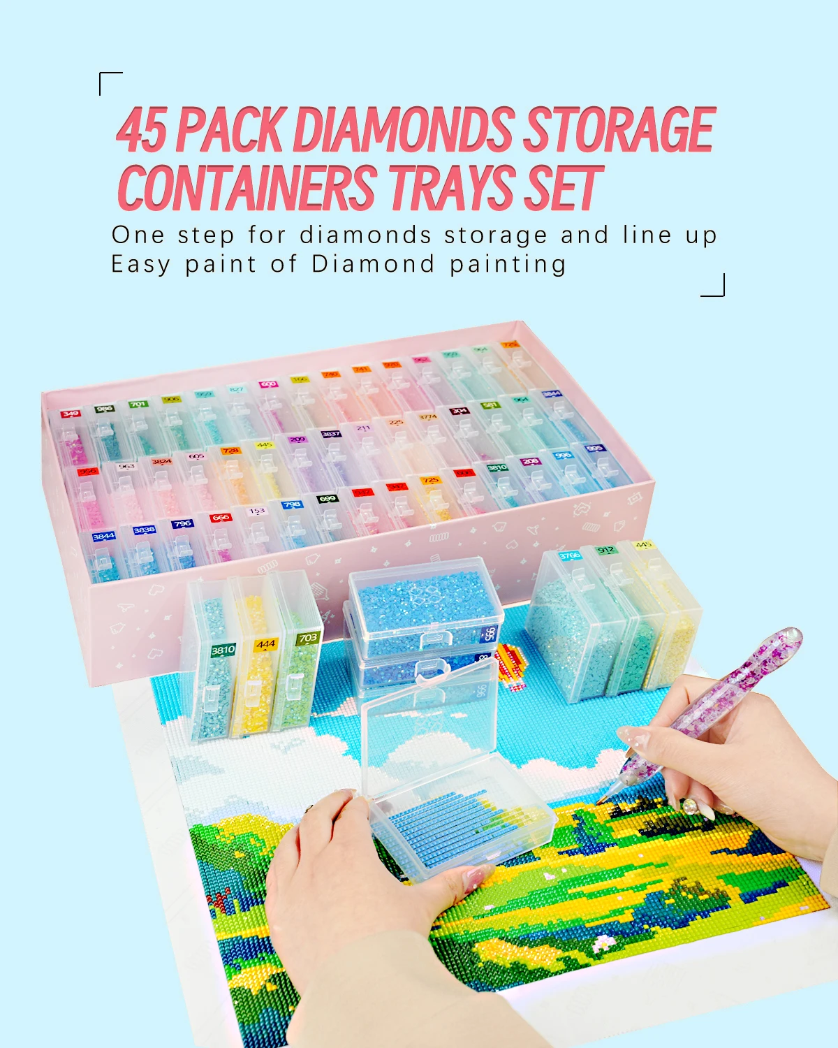 45pcs Diamond Painting Storage Box with Lids, 2-in-1 Diamond Painting Trays,Diamond Art Accessories Bead Storage & Line-Up