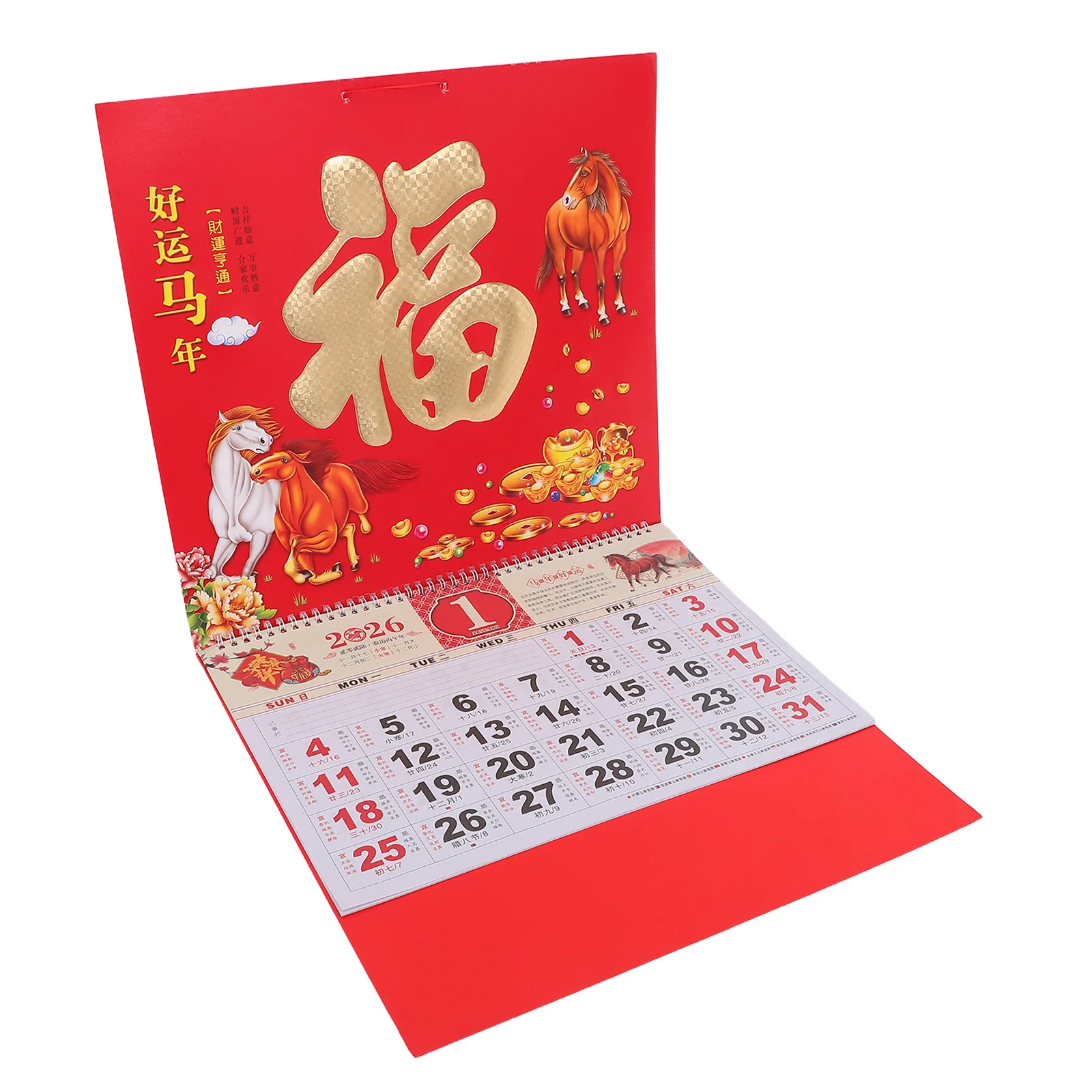Kalendarz Księżycowy Chiński na Rok 2026, Rok Konia, Dekoracja Wisząca na Nowy Rok, Złota Folia, Znak Fu, Planer Miesięczny, 68x36,4cm
