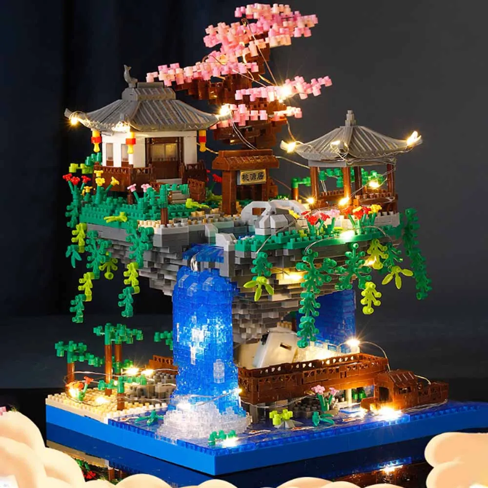 LED Light Peach Castle Blossom Pond Building Blocks Bricks Ancient Building Model Assembly Kids Assembly Toy