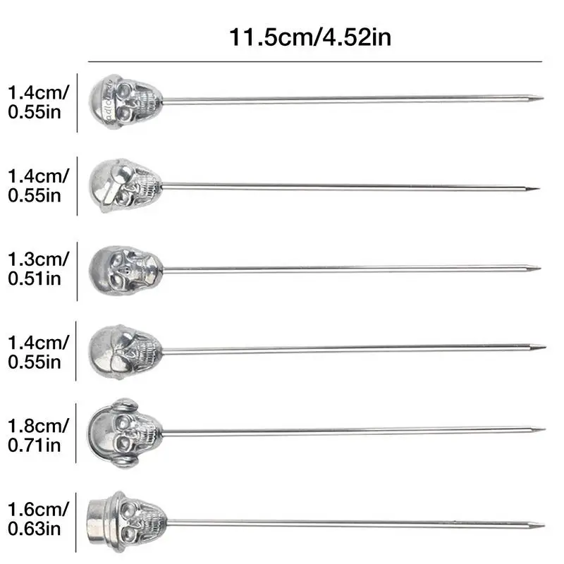 6pcs Cocktail Picks Skull Cocktail Picks Martini Picks Stainless Steel Reusable Olive Picks Garnish Skewer Silver Fruit