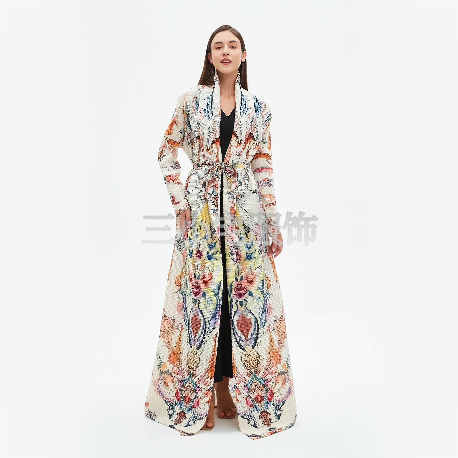 ALSEY Miyake Long Sleeve Printed Dress Windbreak Women 2024 Winter New Original Designer Abayas Turndown Collar Belted Coats