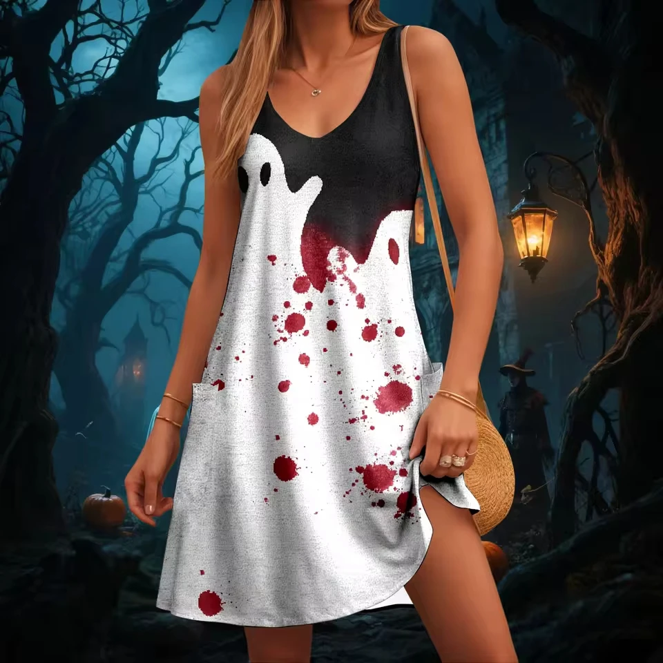 Women'S Casual Pocket Tank Dress Comfortable Halloween Graphic Printed Dress V Neck Loose Sleeveless Vest Dress Boho Dress