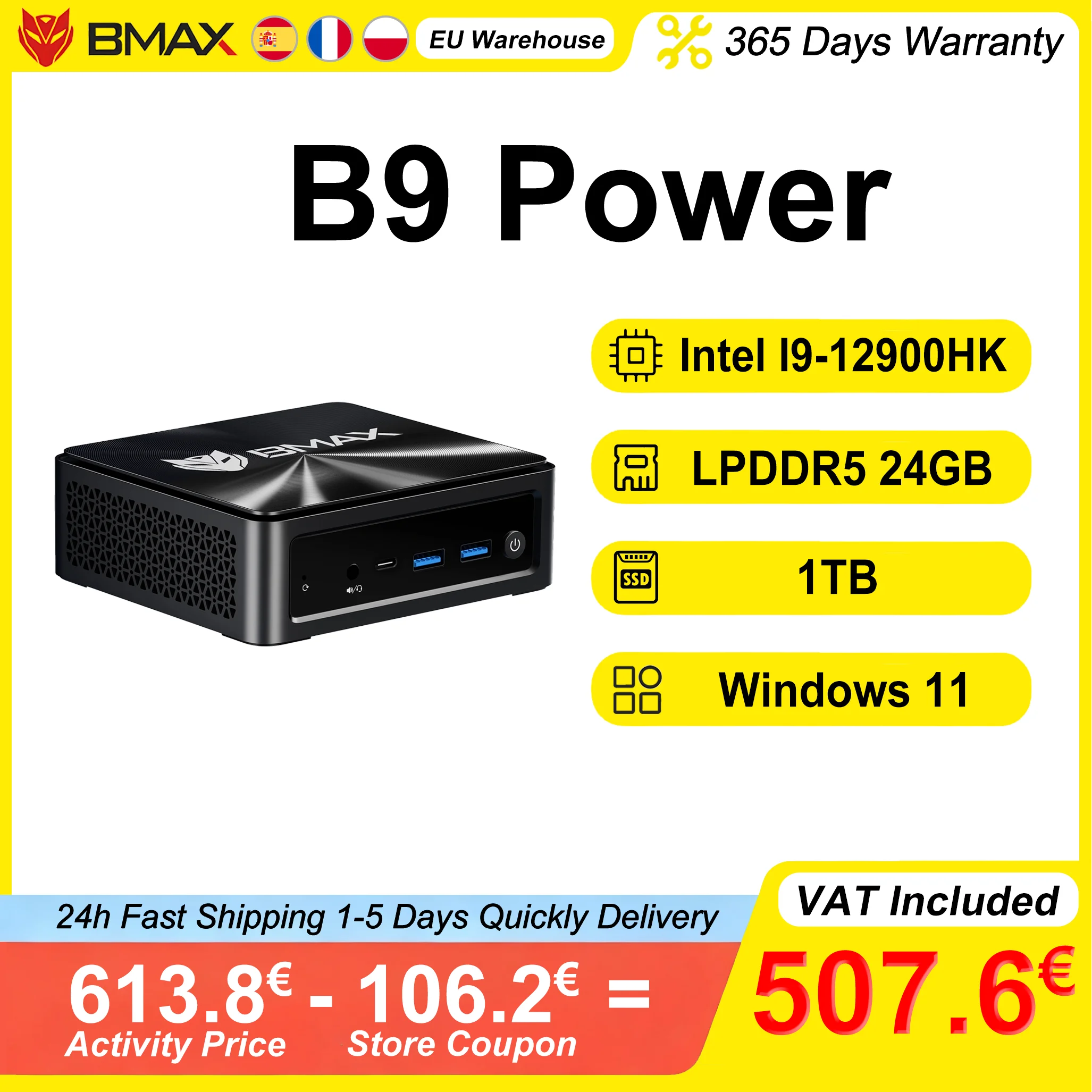 BMAX Mini PC B9 Power LPDDR5 24GB RAM 1TB NVMe SSD Intel Core i9 12900HK Windows 11 obsługuje do 4K przy 60 Hz