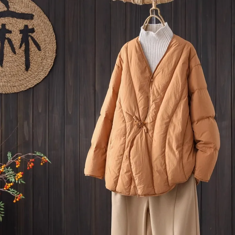

Women's Cotton down Jaet Loose V-Ne Warmth Retro Sle Long Sve Regular Fit Single Button Closure Pure Color Coat