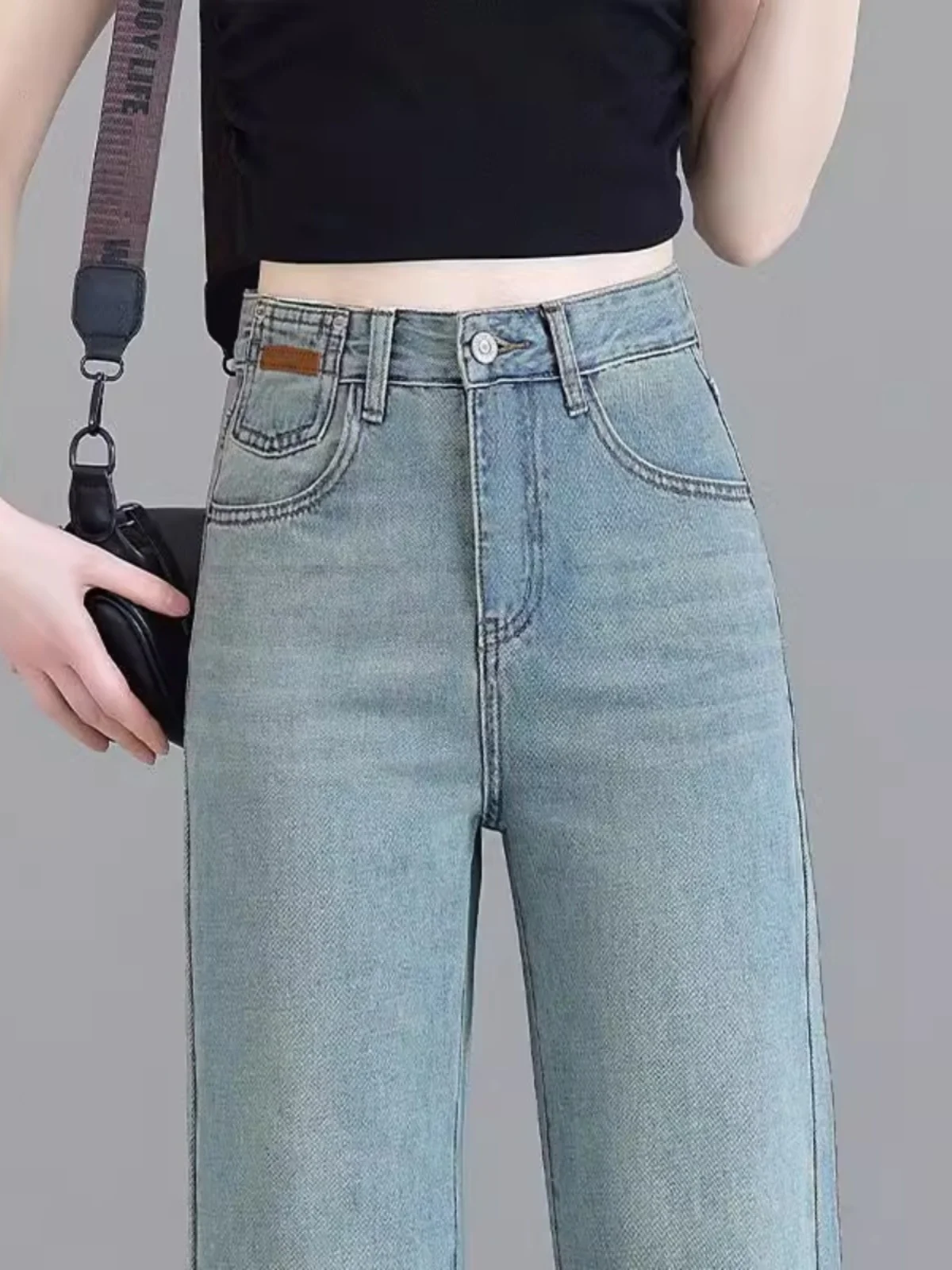 High Waist Wide Leg Jeans Women's Spring Summer New Faion Embroidery Slim Straight Cut Trousers Light Blue Denim Pants