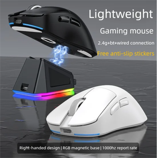 

PAW3311 Tri-mode Gaming PC Mouse Lightweight High Refresh Rate Macro Pragrammable Driver RGB Light with Magnetic Charging Dock