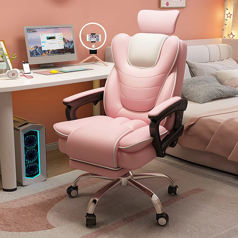 Pink Gaming Chair for Girls Home Computer Office Chair Comfortable Pink PU Leater  Bedroom Sofa Reclining Writing Desk Chairs