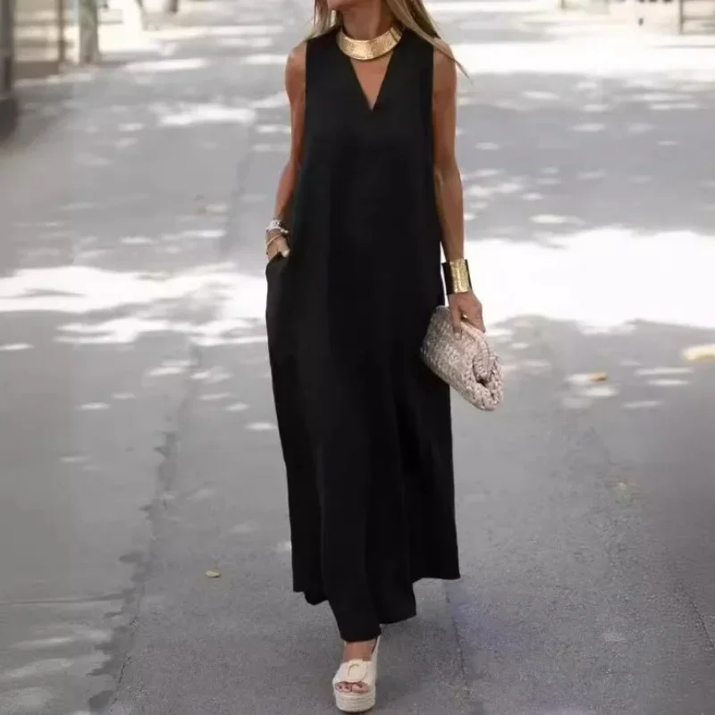 2024 Spring/Summer Deep V-neck Sleeveless Long Solid Color Cotton Linen Dress Women's Casual Wear