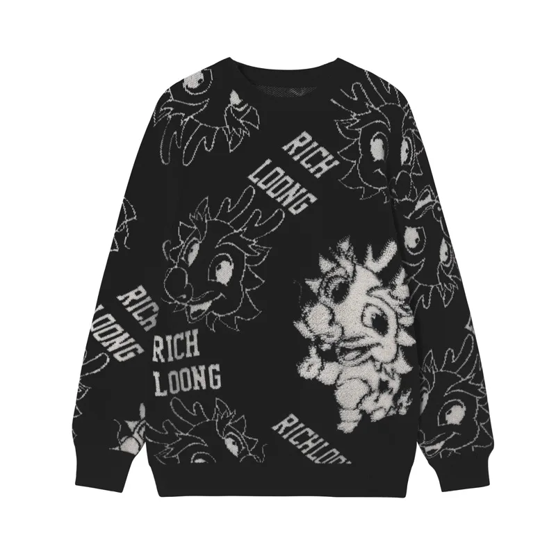 

2024 New Sweatshirt Men Fashion Black Zodiac Dragon Letter Long Sleeve Knitwear Woolen Yarns Sweaters Knit Pullover Male Clothes