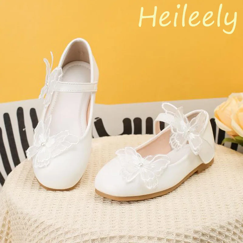 

2024 New Kids Shoes for Girl Round Toe White Color Rubber Buttom Lace Butterfly Bow Cute Flats 27 28 29